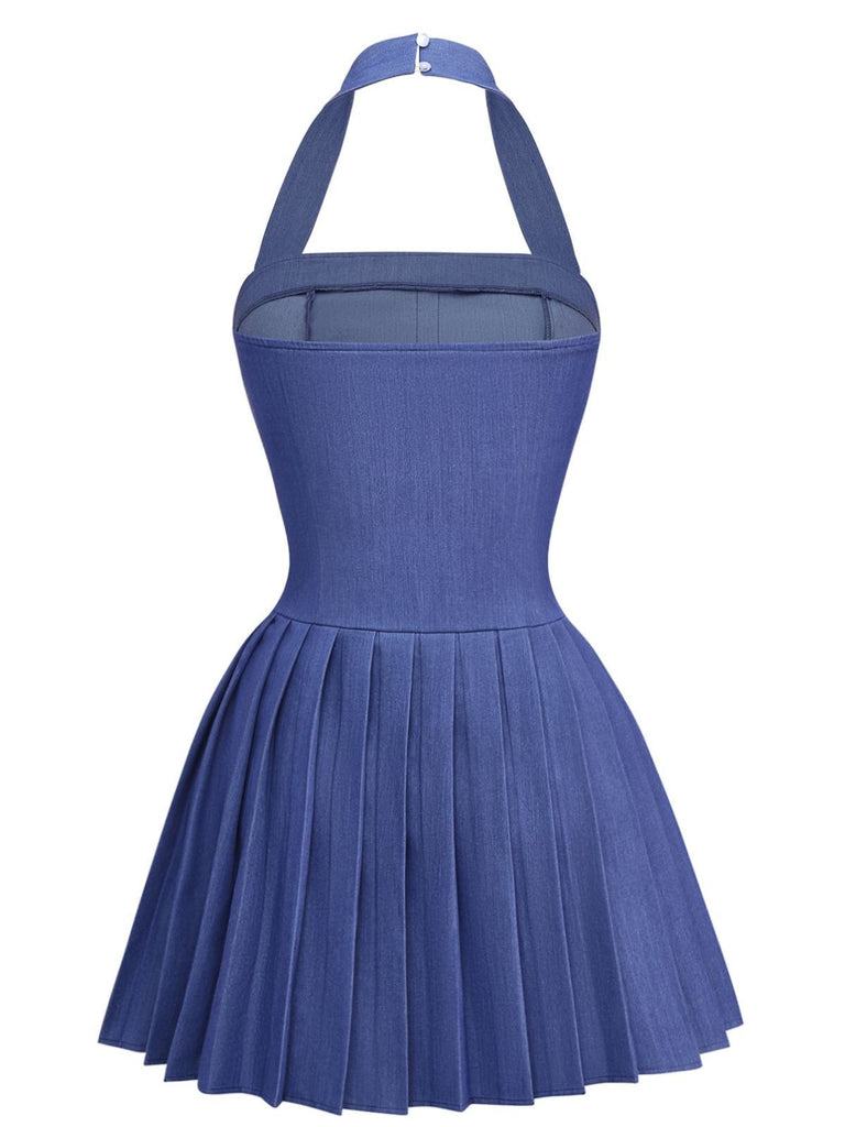 1960s Denim Halter Pleated Button Mini Dress - vintage dress, retro fashion