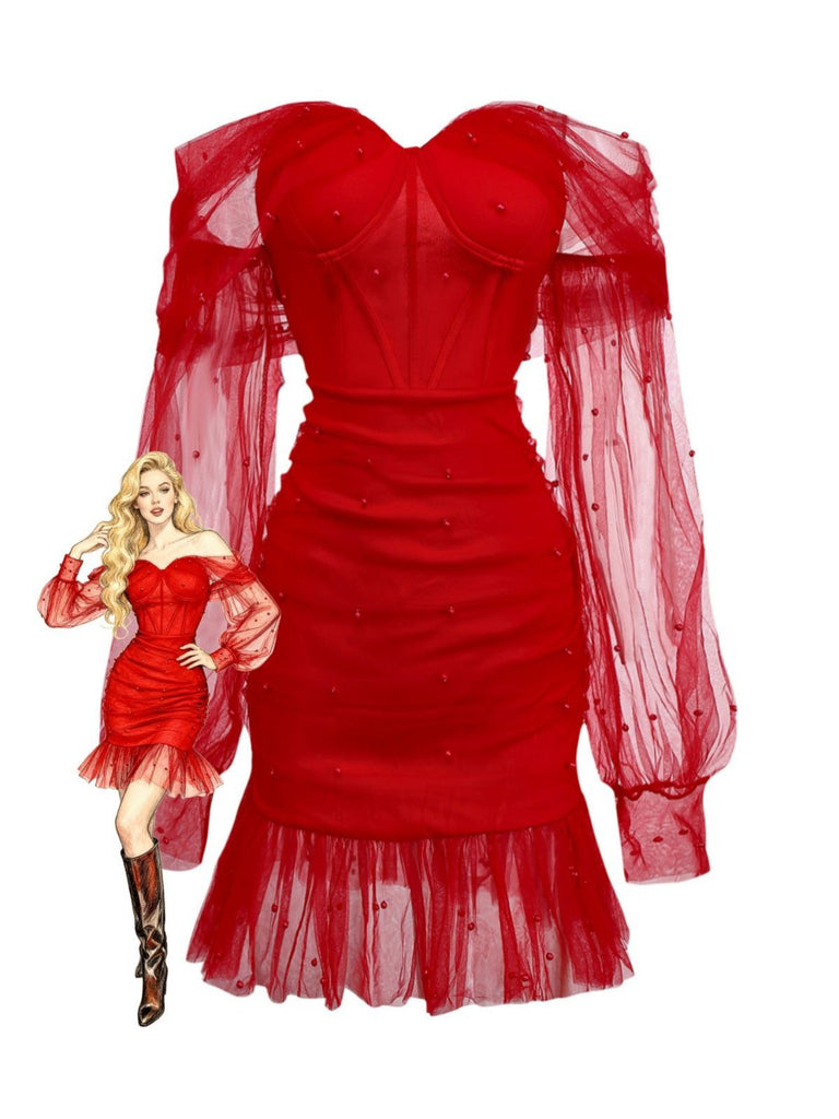 1960s Beading Sweetheart Neck Off-Shoulder Mesh Dress - vintage dress, retro fashion
