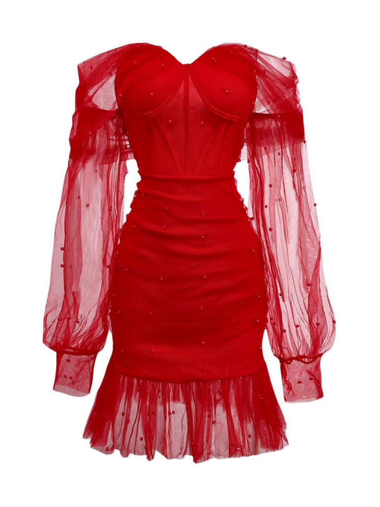 1960s Beading Sweetheart Neck Off-Shoulder Mesh Dress - vintage dress, retro fashion
