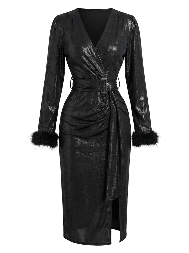 Black 1960s Faux Leather Belted Feather Sleeve Dress - vintage dress, retro fashion, classic black