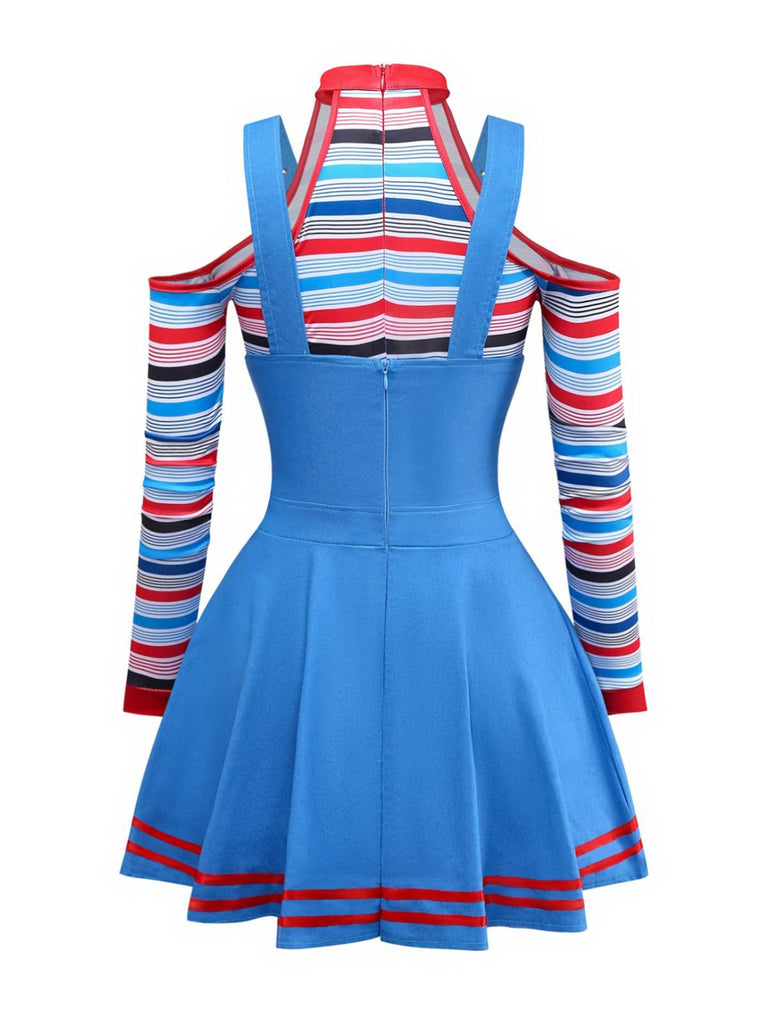 Blue 2PCS 1960s Halloween Chucky Striped Top & Wide Strap Dress - vintage dress, retro fashion