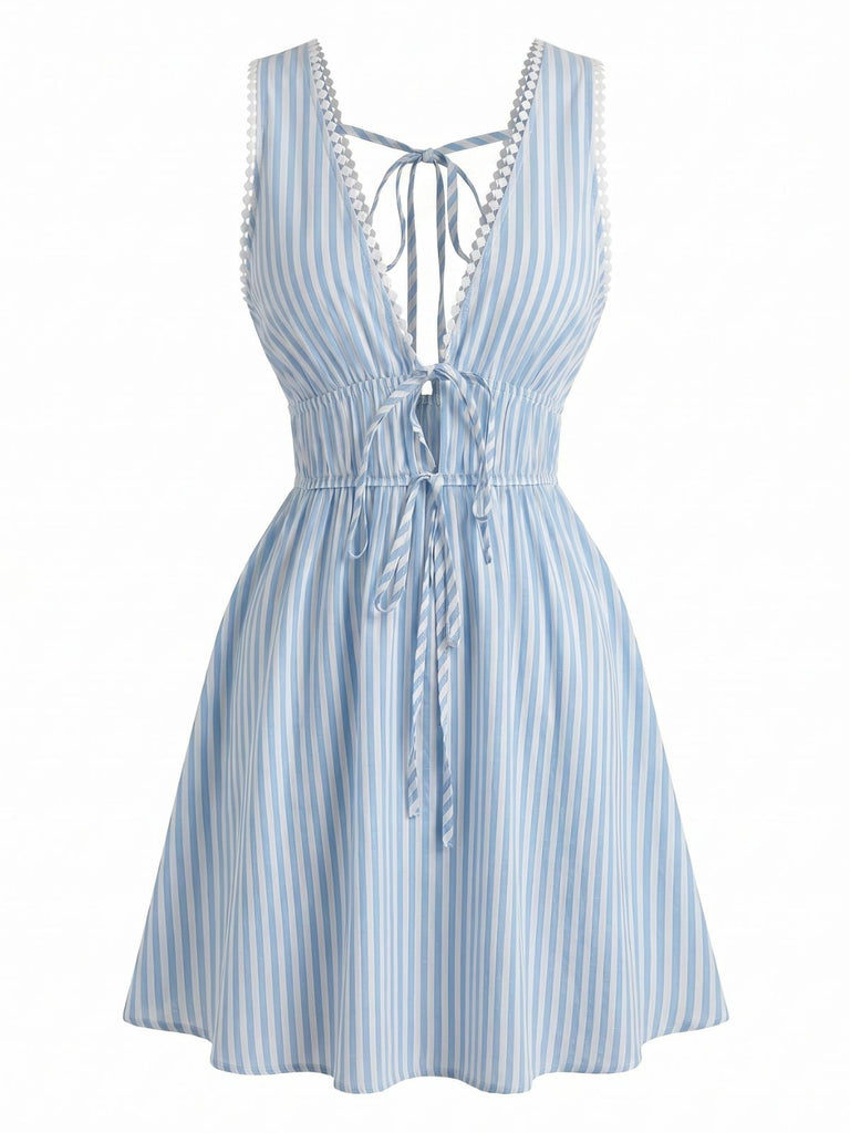 Blue 1960s Sleeveless Deep V-Neck Backless Striped Dress - vintage dress, retro fashion