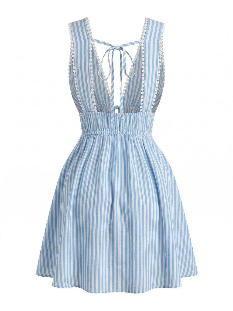 Blue 1960s Sleeveless Deep V-Neck Backless Striped Dress - vintage dress, retro fashion