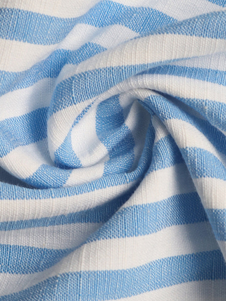 Blue 1960s Sleeveless Deep V-Neck Backless Striped Dress - vintage dress, retro fashion