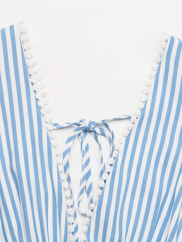 Blue 1960s Sleeveless Deep V-Neck Backless Striped Dress - vintage dress, retro fashion