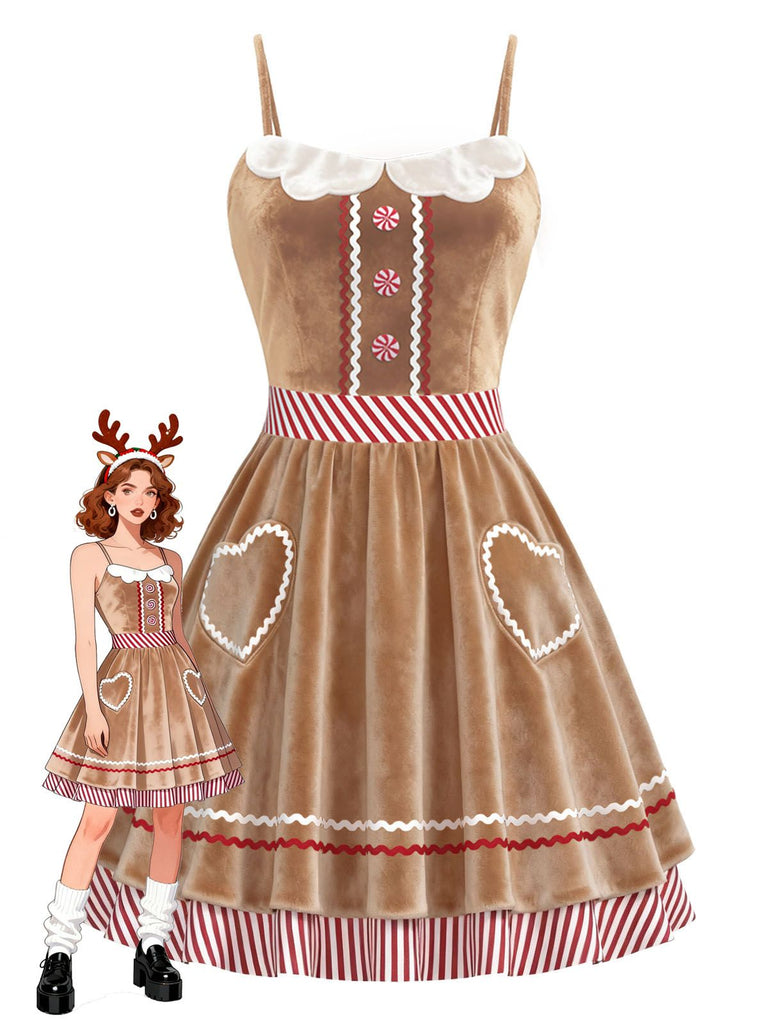Brown 1960s Gingerbread Heart Stripe Velvet Strap Dress - vintage dress, retro fashion