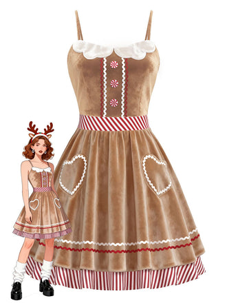 Brown 1960s Gingerbread Heart Stripe Velvet Strap Dress - vintage dress, retro fashion