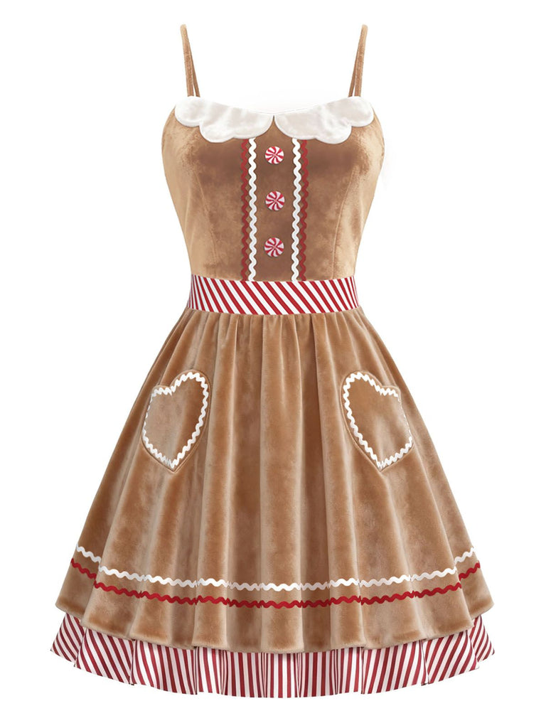 Brown 1960s Gingerbread Heart Stripe Velvet Strap Dress - vintage dress, retro fashion