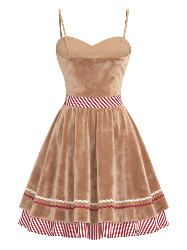Brown 1960s Gingerbread Heart Stripe Velvet Strap Dress - vintage dress, retro fashion