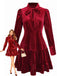 Burgundy 1960s Bow Collar Solid Velvet Ruffle Dress - vintage dress, retro fashion