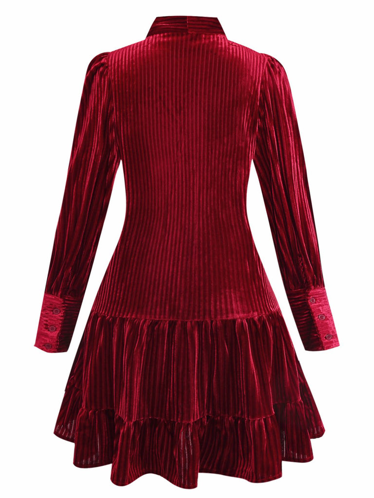 Burgundy 1960s Bow Collar Solid Velvet Ruffle Dress - vintage dress, retro fashion