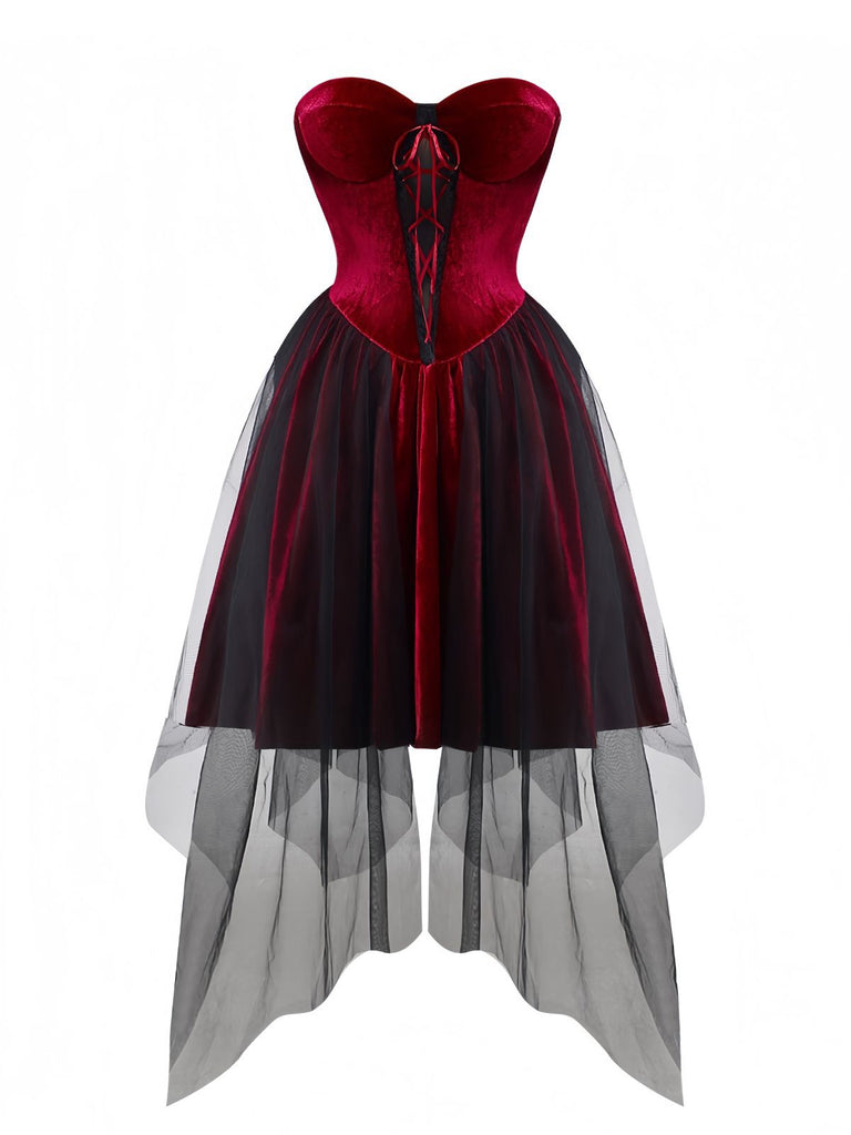 Burgundy 1960s Gothic Mesh Strapless Irregular Hem Dress - vintage dress, retro fashion