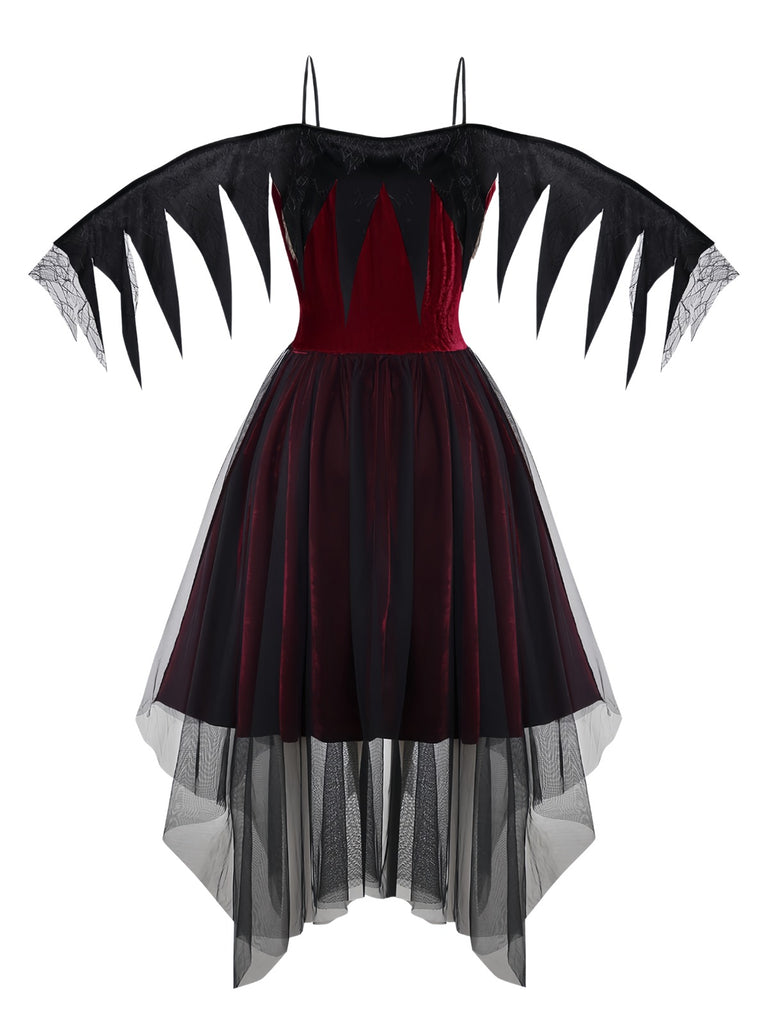 Burgundy 1960s Gothic Mesh Strapless Irregular Hem Dress - vintage dress, retro fashion