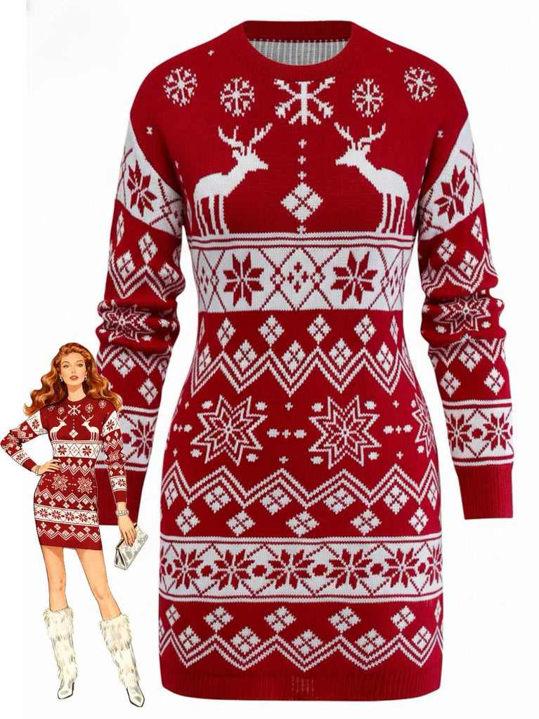 1960s Christmas Reindeer Snowflake Jacquard Knit Dress - vintage dress, retro fashion