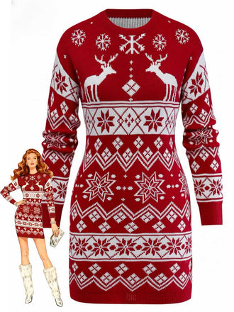 1960s Christmas Reindeer Snowflake Jacquard Knit Dress - vintage dress, retro fashion