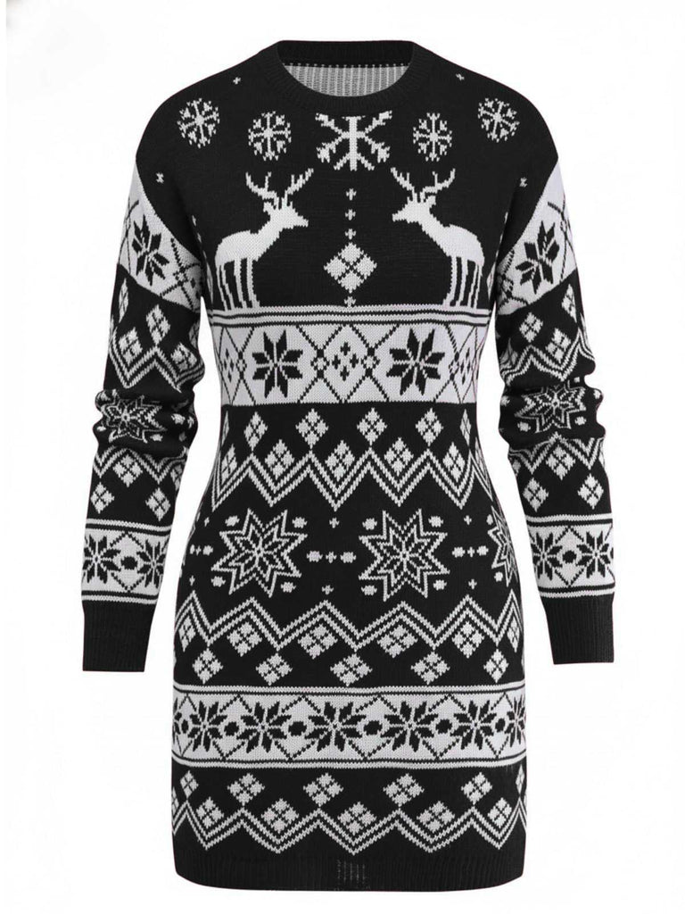 1960s Christmas Reindeer Snowflake Jacquard Knit Dress - vintage dress, retro fashion