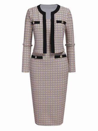 2PCS Beige 1960s Knitted Straps Pencil Dress & Short Coat - vintage dress, retro fashion