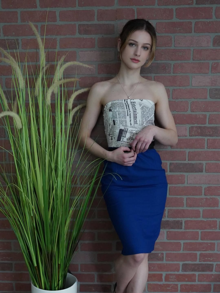 Dark Blue 1960s Bandeau Newspaper Belted Pencil Dress - vintage dress, retro fashion
