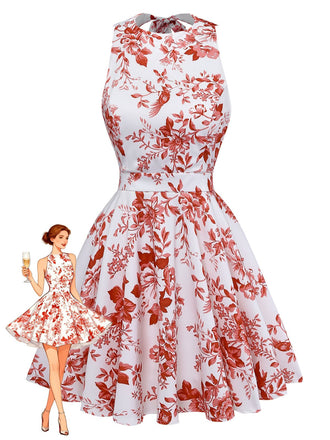 1960s Floral Print Halter Sleeveless Backless Swing Dress - vintage dress, retro fashion, rockabilly