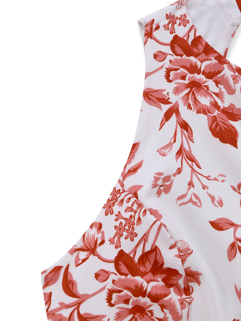 1960s Floral Print Halter Sleeveless Backless Swing Dress - vintage dress, retro fashion, rockabilly