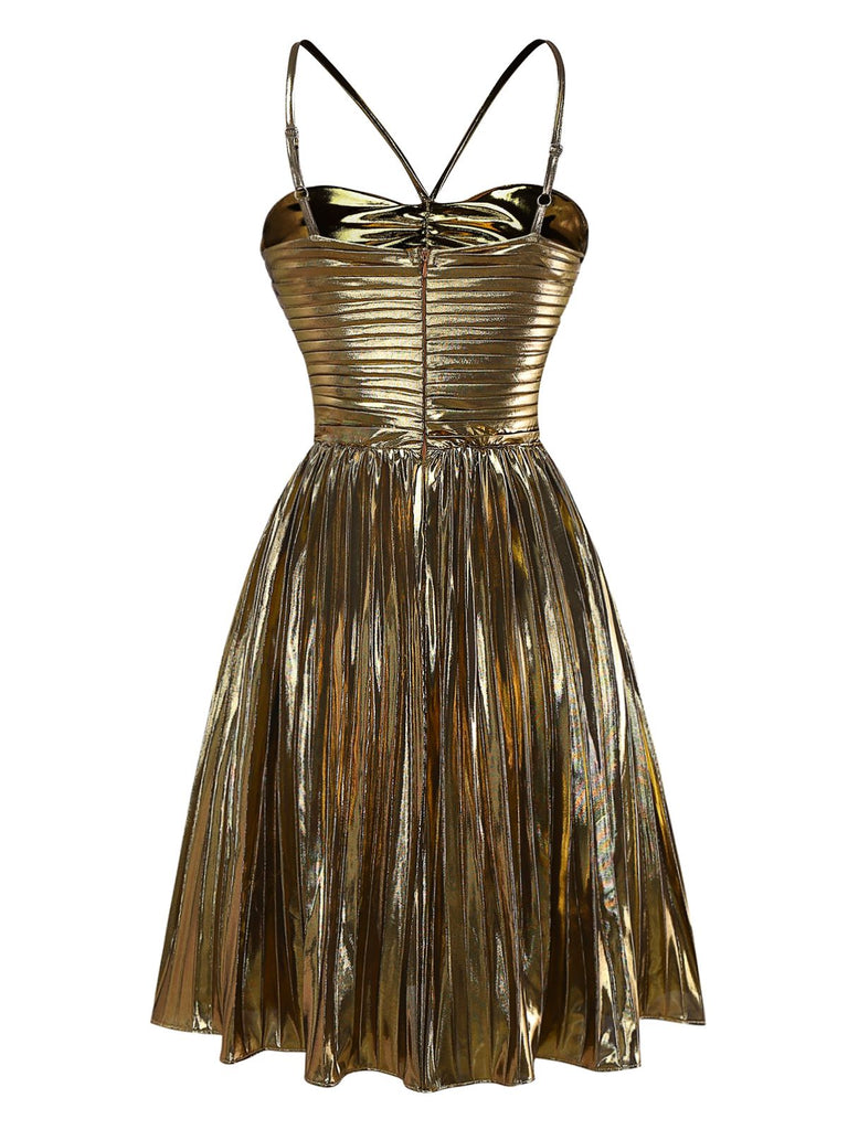 Gold 1960s Metallic Pleated Cutout Party Strap Dress - vintage dress, retro fashion, glamorous gold
