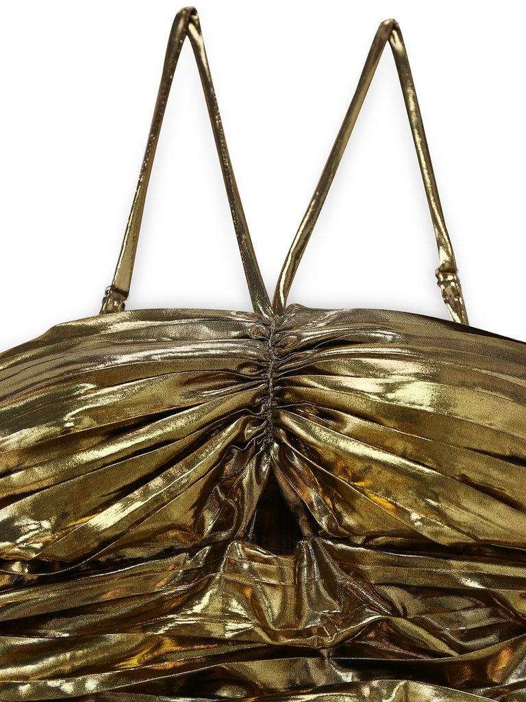 Gold 1960s Metallic Pleated Cutout Party Strap Dress - vintage dress, retro fashion, glamorous gold