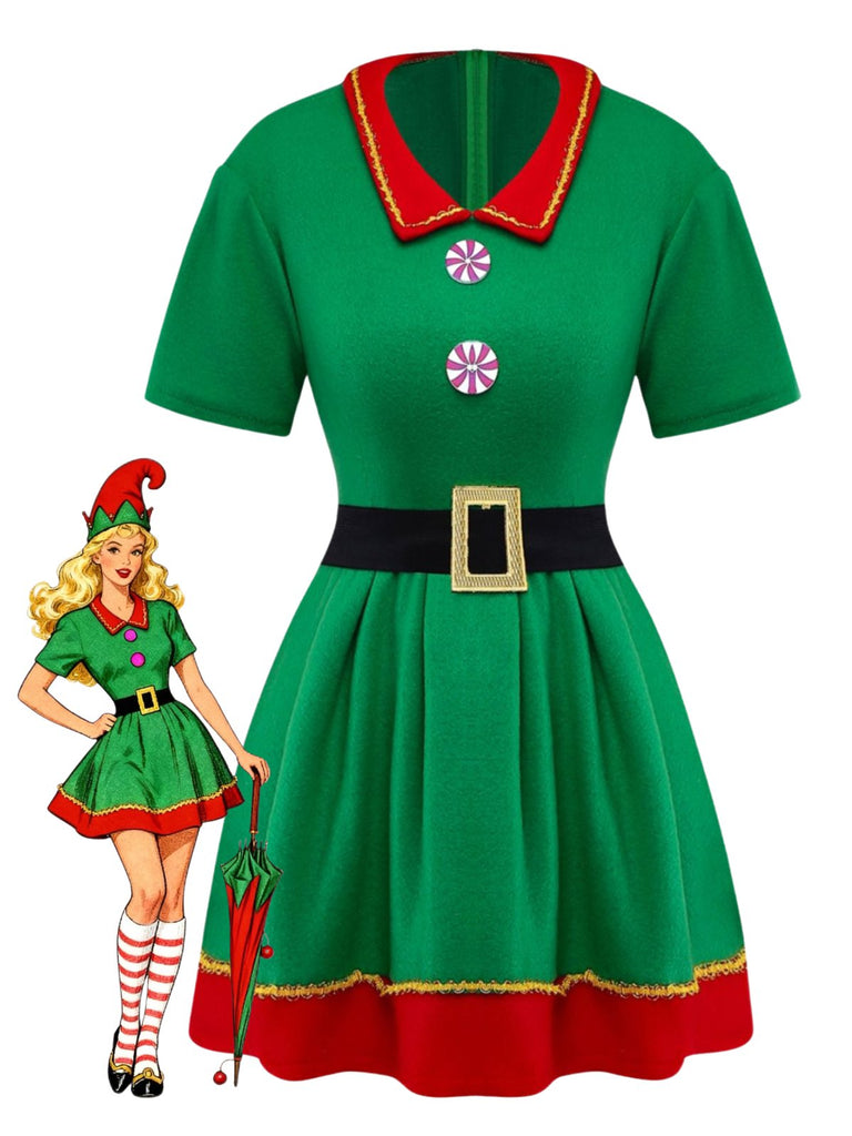 Green 1960s Christmas Elf Cosplay Costume Dress Set - vintage dress, retro fashion