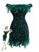 Green 1960s Off-Shoulder Sequined Feather Bodycon Dress - vintage dress, retro fashion