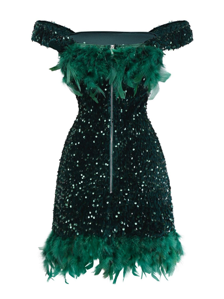 Green 1960s Off-Shoulder Sequined Feather Bodycon Dress - vintage dress, retro fashion