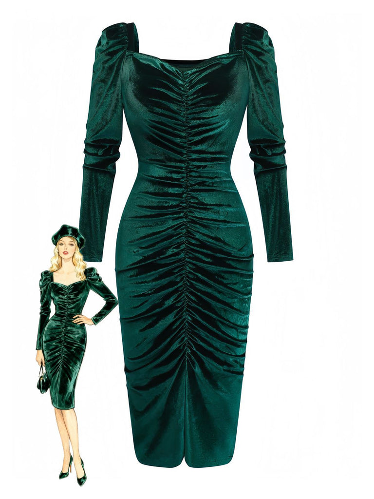 Green 1960s Velvet Ruched Long Sleeve Bodycon Dress - vintage dress, retro fashion