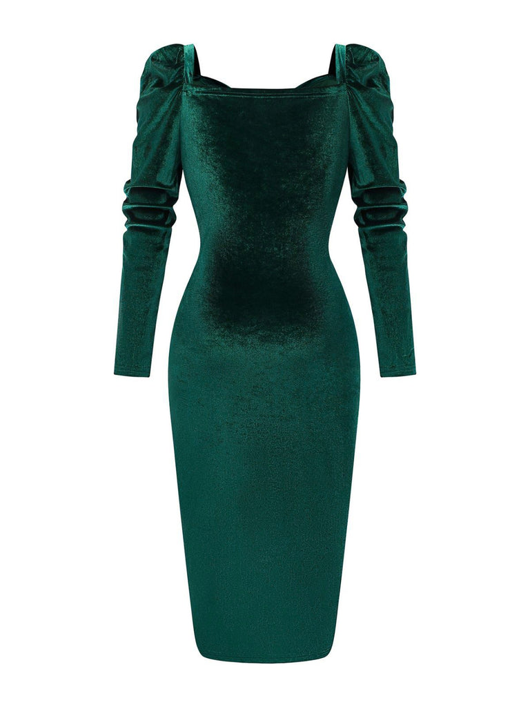 Green 1960s Velvet Ruched Long Sleeve Bodycon Dress - vintage dress, retro fashion