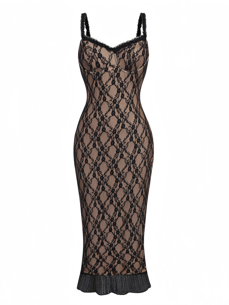 Khaki 1960s Lace Patchwork Spaghetti Strap Bodycon Dress - vintage dress, retro fashion