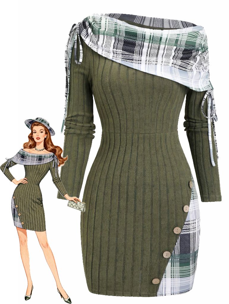 Olive Green 1960s Plaid Accent Button Detail Ribbed Dress - vintage dress, retro fashion
