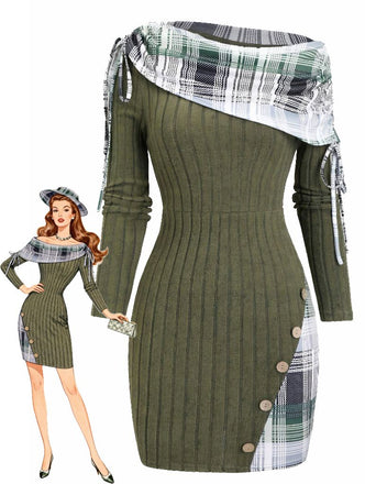 Olive Green 1960s Plaid Accent Button Detail Ribbed Dress - vintage dress, retro fashion