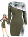 Olive Green 1960s Plaid Accent Button Detail Ribbed Dress - vintage dress, retro fashion