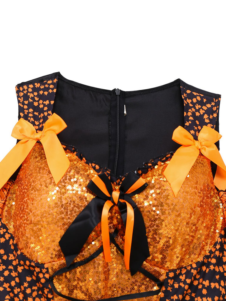 Orange 1960s Halloween Pumpkin Spiderweb Puff-Sleeve Dress - vintage dress, retro fashion