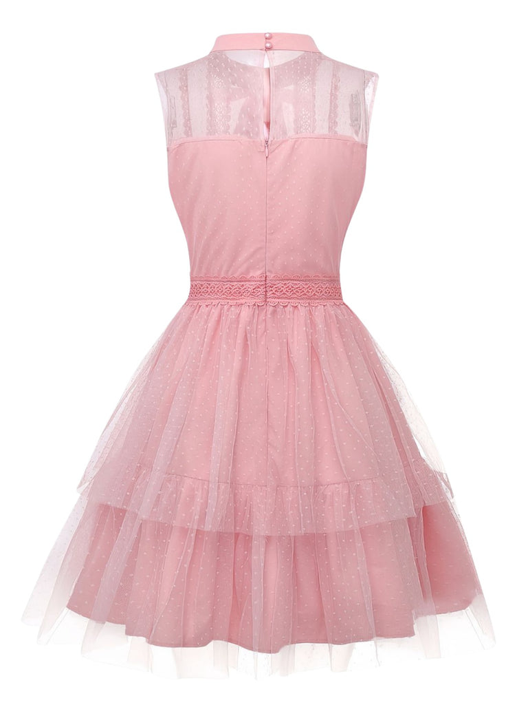 Pink 1960s Lace Trim Ribbon Bow Sleeveless Tulle Dress - vintage dress, retro fashion
