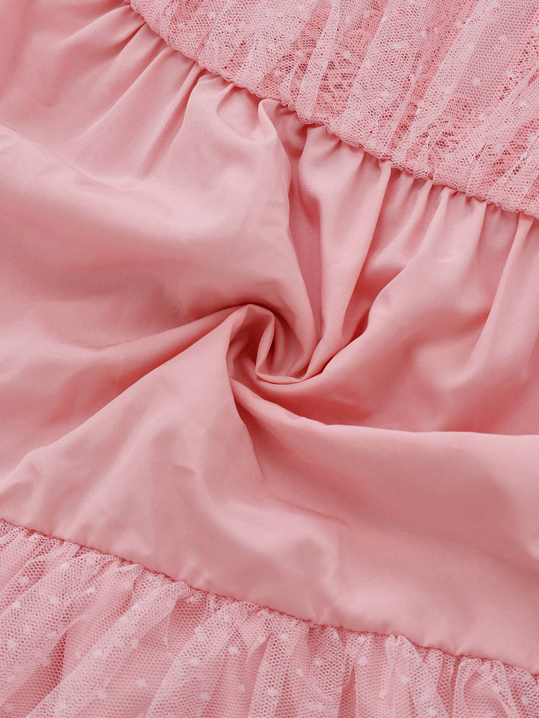Pink 1960s Lace Trim Ribbon Bow Sleeveless Tulle Dress - vintage dress, retro fashion