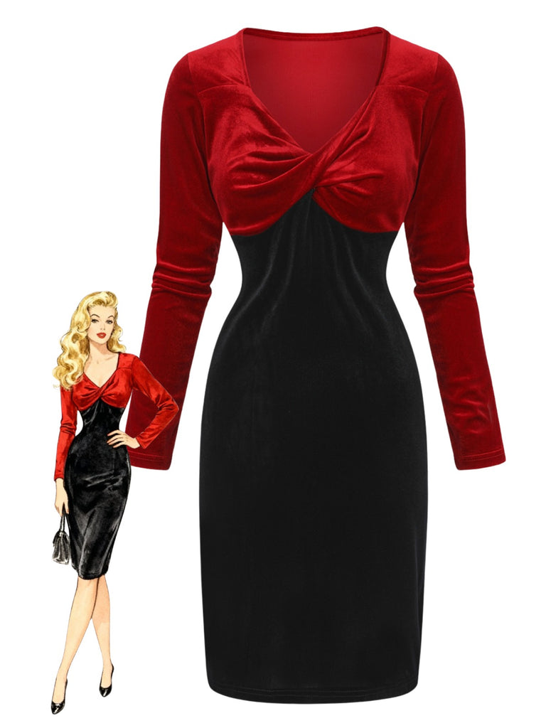 Red & Black 1960s Velvet Twisted V-Neck Bodycon Dress - vintage dress, retro fashion, classic black