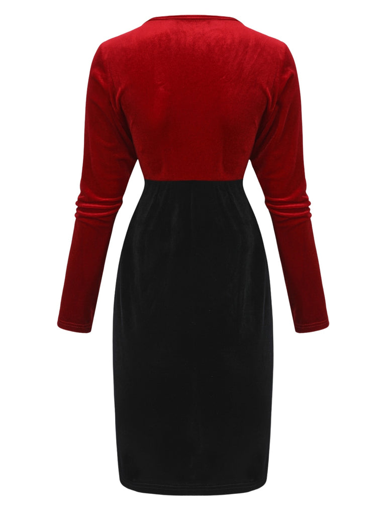 Red & Black 1960s Velvet Twisted V-Neck Bodycon Dress - vintage dress, retro fashion, classic black