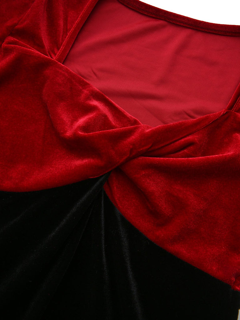 Red & Black 1960s Velvet Twisted V-Neck Bodycon Dress - vintage dress, retro fashion, classic black