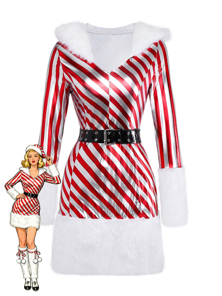 Red 1960s Candy Cane Stripe Hooded Dress & Leg Warmers - vintage dress, retro fashion, elegant red