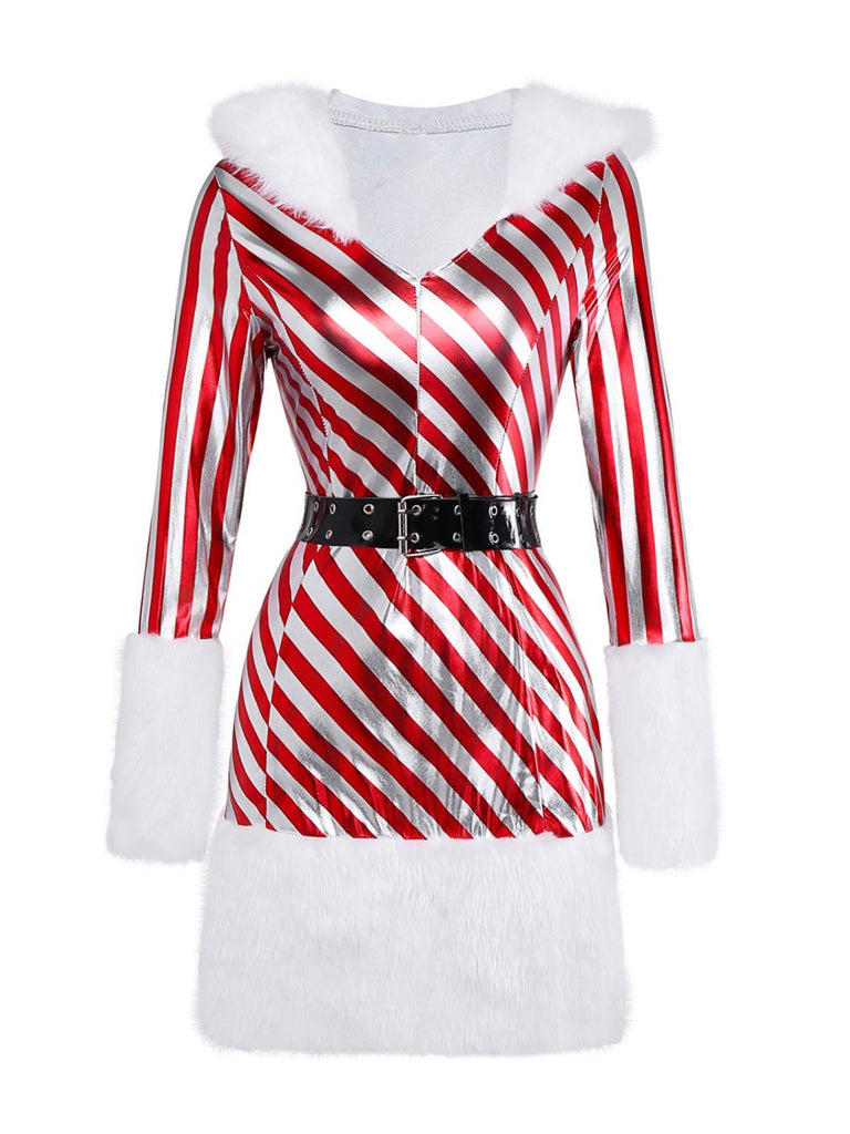 Red 1960s Candy Cane Stripe Hooded Dress & Leg Warmers - vintage dress, retro fashion, elegant red
