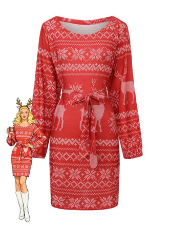 Red 1960s Christmas Reindeer Snowflake Belted Dress - vintage dress, retro fashion, elegant red
