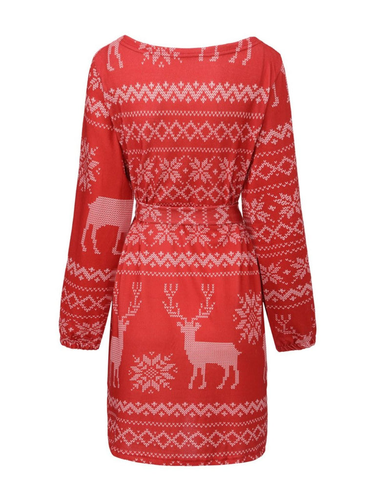 Red 1960s Christmas Reindeer Snowflake Belted Dress - vintage dress, retro fashion, elegant red