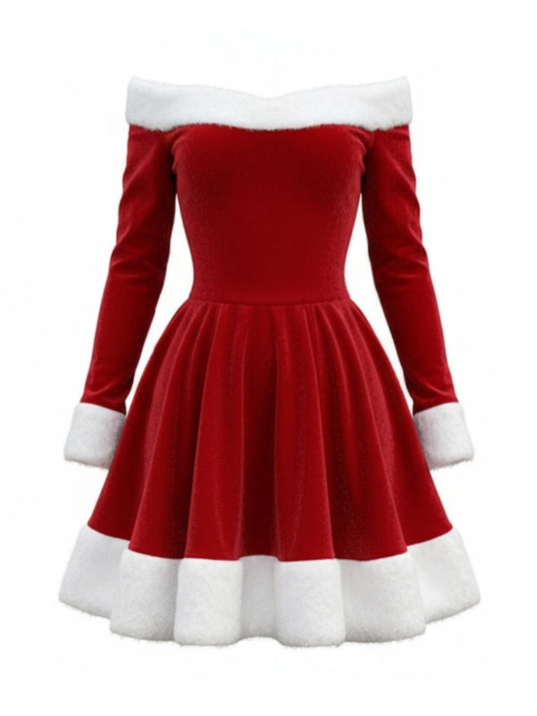 Red 1960s Christmas Velvet Off-Shoulder Long Sleeve Dress - vintage dress, retro fashion, elegant red