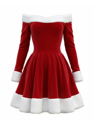 Red 1960s Christmas Velvet Off-Shoulder Long Sleeve Dress - vintage dress, retro fashion, elegant red