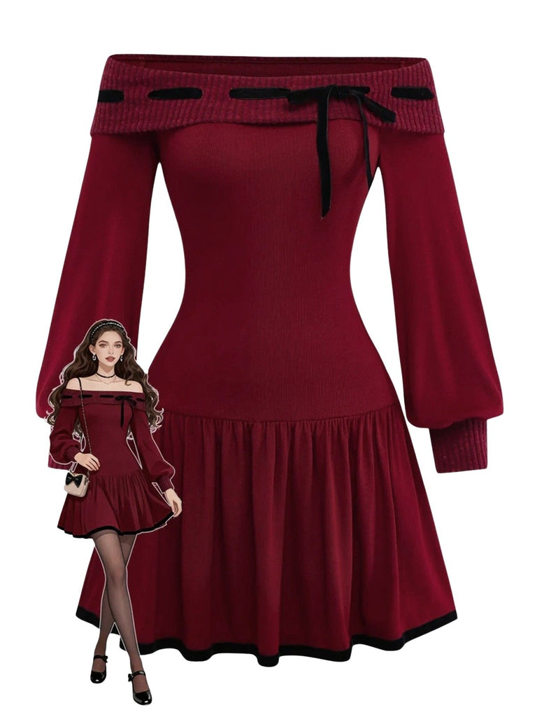 Red 1960s Off-Shoulder Bow Knit Lantern Sleeve Dress - vintage dress, retro fashion, elegant red