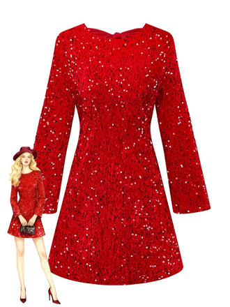 Red 1960s Sequined Bow Round Neck Long Sleeve Dress - vintage dress, retro fashion, elegant red
