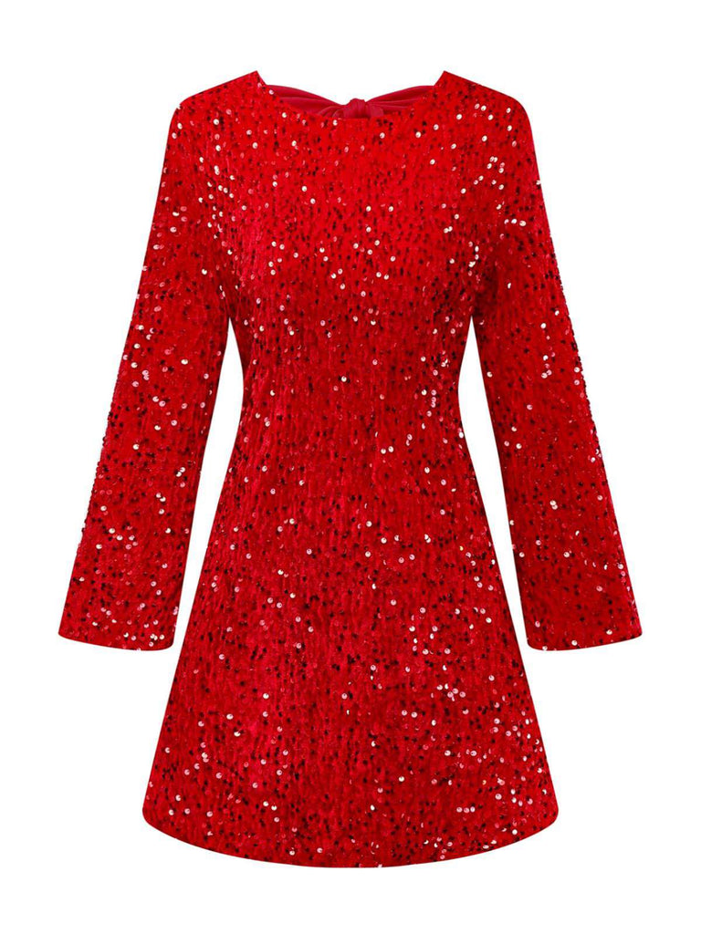 Red 1960s Sequined Bow Round Neck Long Sleeve Dress - vintage dress, retro fashion, elegant red